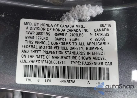 2016 Honda Civic Ex-L from USA, damaged, VIN 2HGFC1F74GH651215